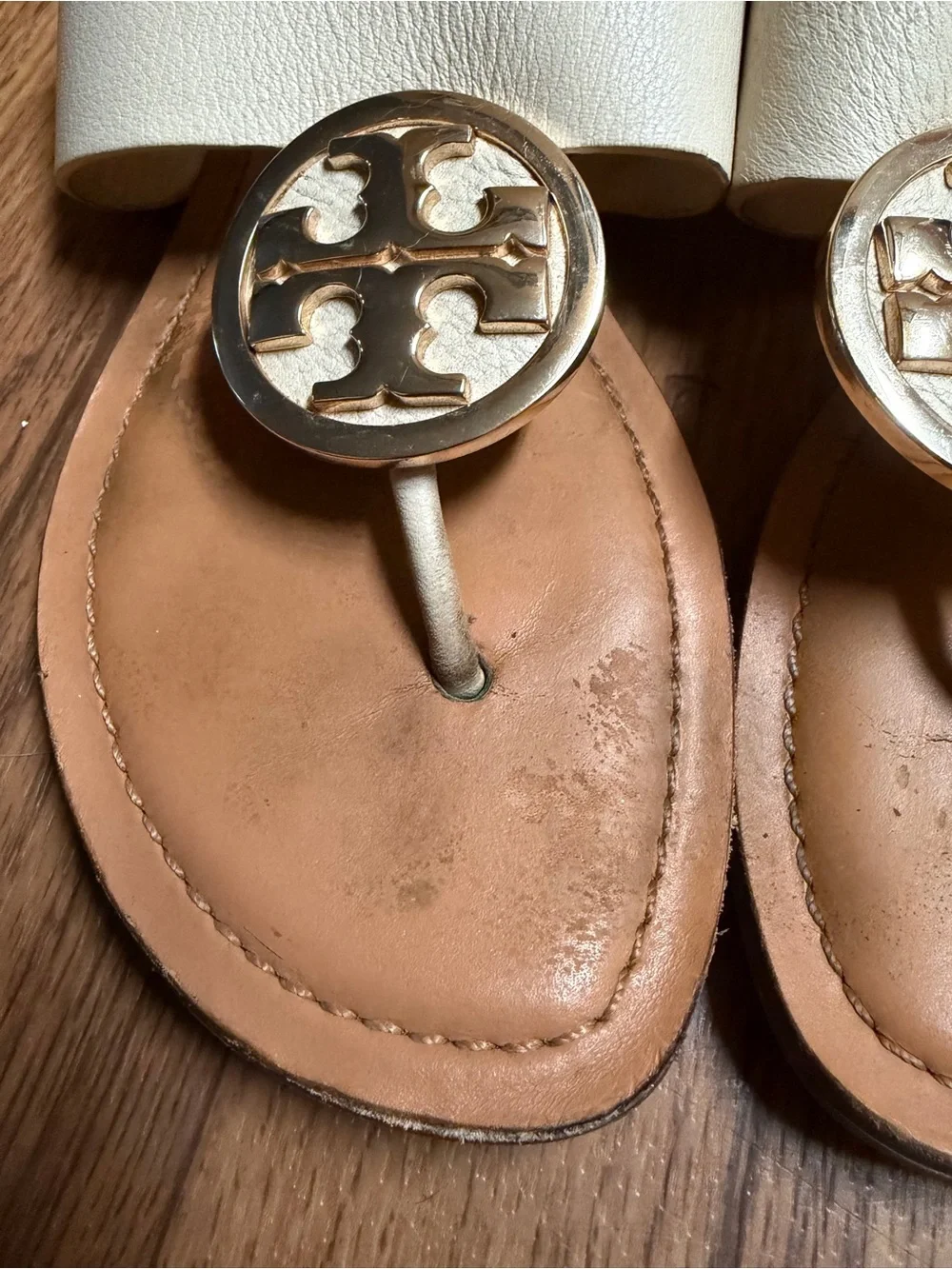 Tory Burch Ivory Leather Logo Thong Sandals with Gold Emblem